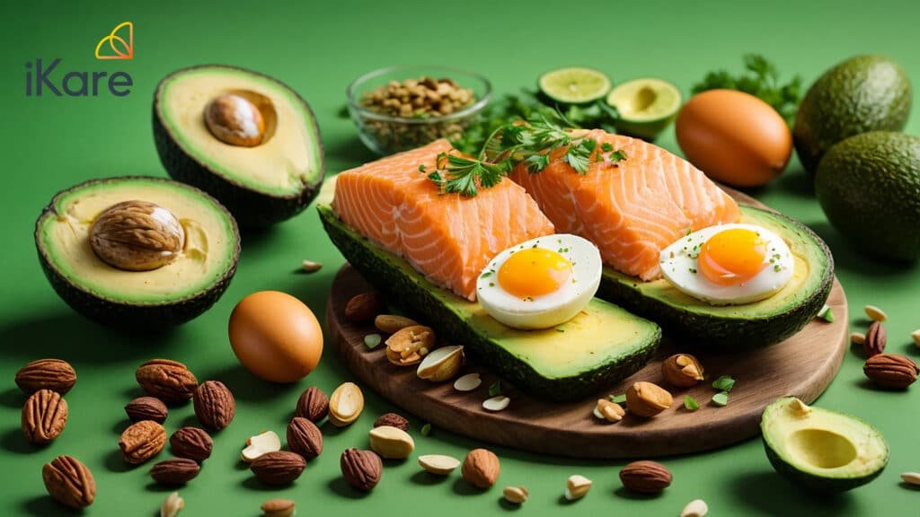 bright green salmon avocado eggs nuts and seeds