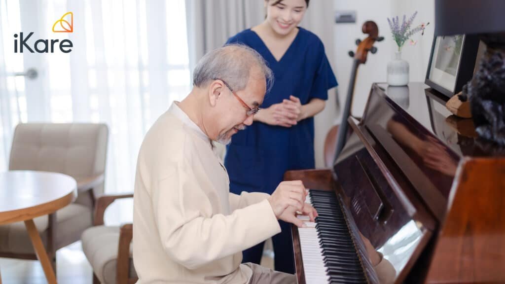 Senior Playing Piano with Homecare Nurse at home